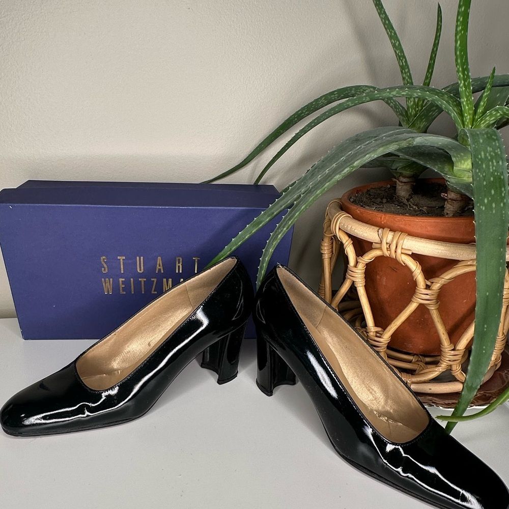 VTG Stuart Weitzman Lex Black Patent Leather Pumps 7.5 AA Block Heel Square Toe - Picture 5 of 15